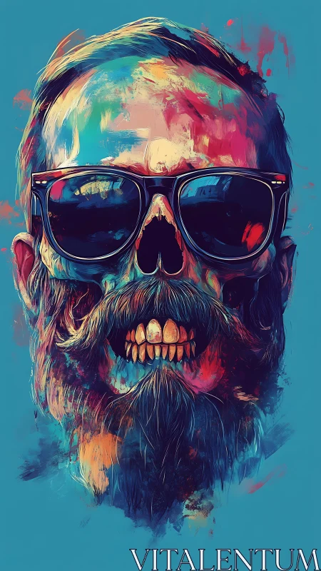 Skull-faced hipster portrait merges neon colors and shadows.