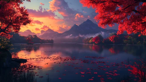 Crimson trees whisper as twilight kisses the mirror lake