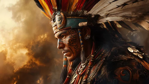 Photorealistic tribal warrior profile with ceremonial plumage.