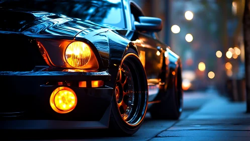Low-slung muscle car with luminous bokeh street reflections.