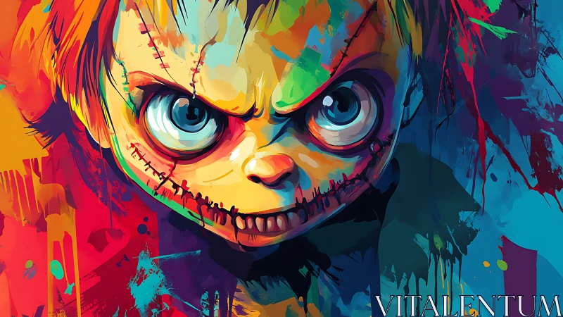 Stitched doll face rendered in saturated abstract colors