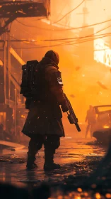 Lone wanderer walks through a glowing post apocalyptic street.