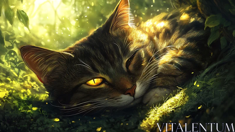 Golden-Eyed Cat Relaxing in Dappled Woodland Light.