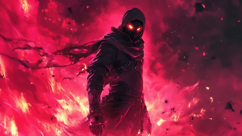 Ember-eyed rogue strides through a crimson apocalyptic blaze.