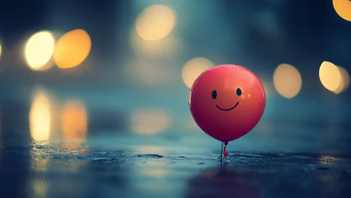 Red smiley balloon on wet street with city lights glow.