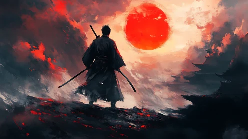 Lone samurai silhouette under oversized crimson sun at dusk