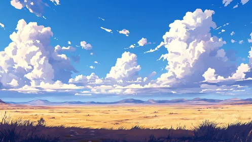 Endless golden plain beneath towering summer clouds.