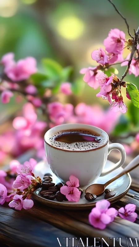 Blossom-kissed morning coffee cradled in soft spring light.