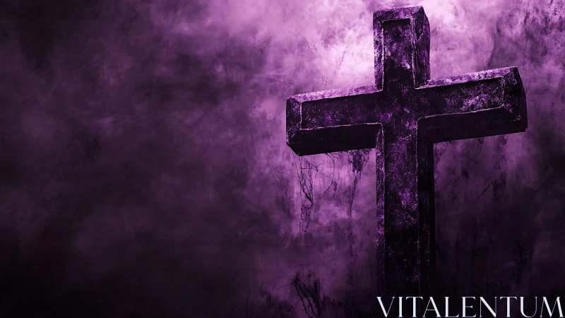 Weathered stone cross silhouette against dense purple textured fog