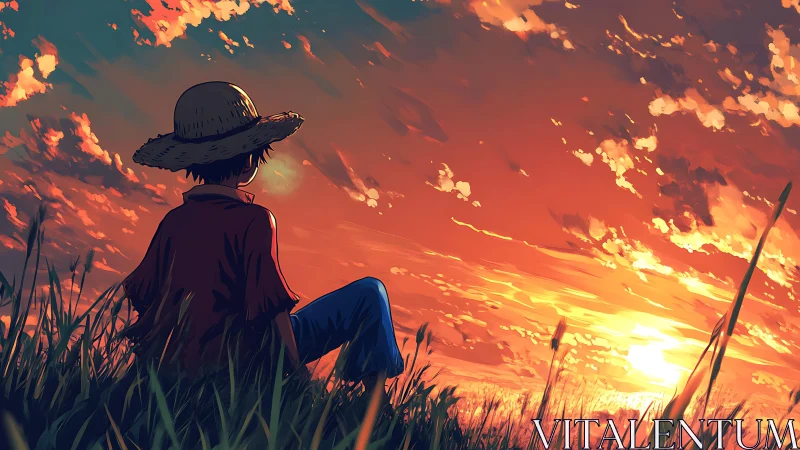 Low-angle anime sunset scene renders backlit figure in field