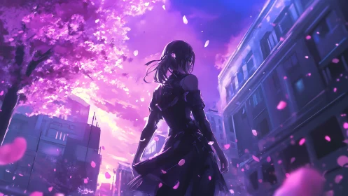 Girl beneath neon cherry blossoms in a twilight city street.