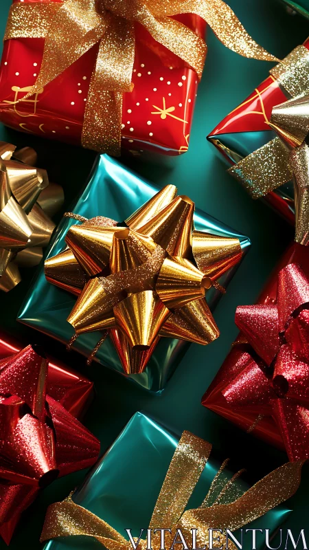 Photorealistic holiday gifts with glitter ribbon accents.