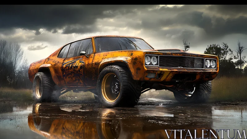 Rusty muscle car dominates muddy field under storm clouds