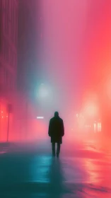 Solitary figure in neon fog on empty city street at night.
