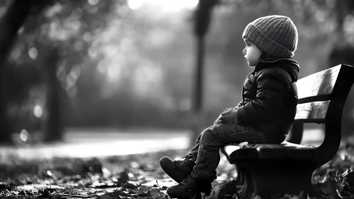 Quiet park moment with a thoughtful child on a bench.