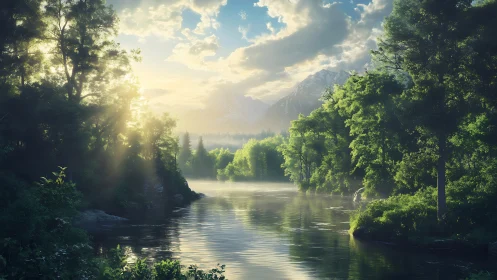 Sunlit forest river winds beneath distant mountain peaks.
