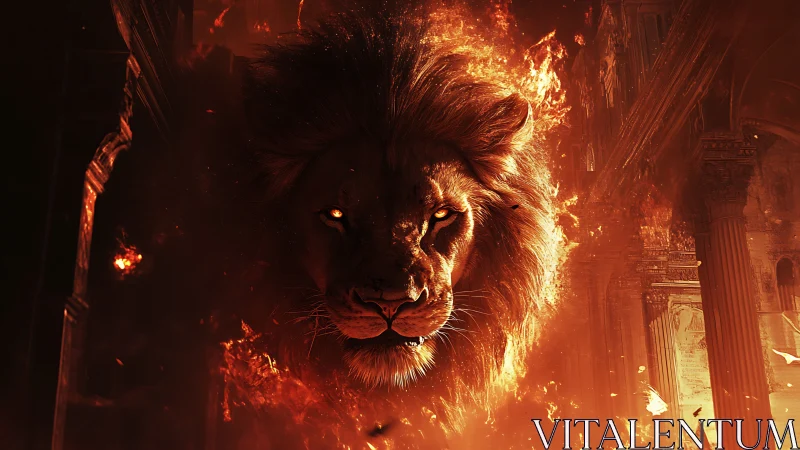 Burning lion head emerges in a cathedral of collapsing fire