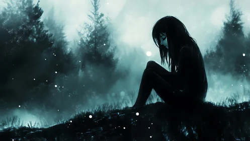 Solitary anime girl sits in misty forest, lost in thought