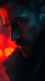 Male profile in red and blue low key cinematic lighting.