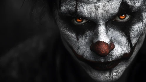 Intense close-up of sinister clown makeup portrait.