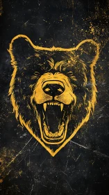 Roaring bear head illustration in bold yellow outline.