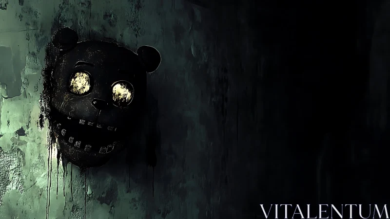 Decayed animatronic bear mask on corroded concrete wall.