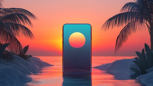 Sunset escape through a glowing tropical smartphone portal.