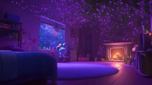 Cozy purple dream bedroom glowing with tiny night lights.
