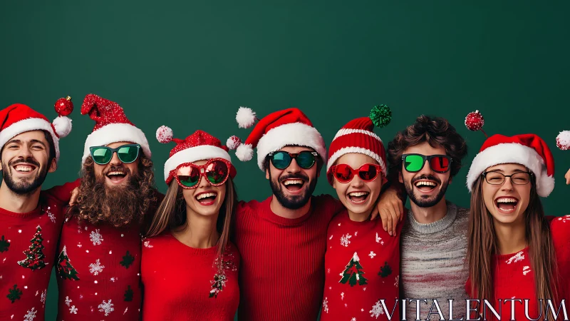 Laughing holiday mischief squad in wild Christmas sweaters.
