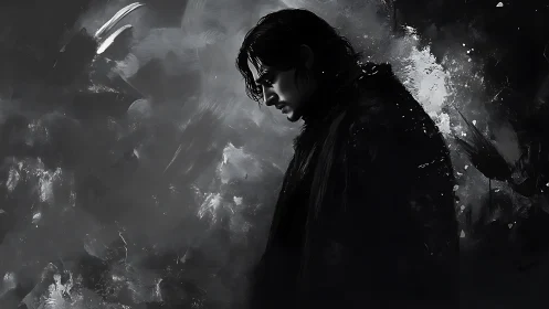 Solitary figure stands in stark monochrome abstraction.