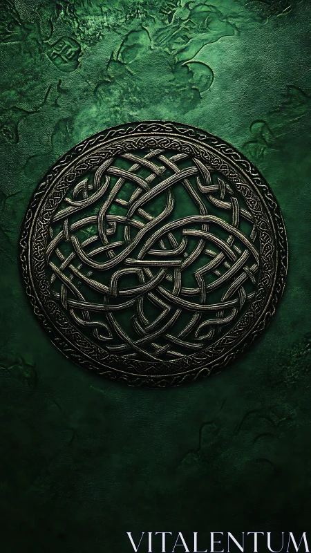 Circular Celtic knot emblem on textured green background.