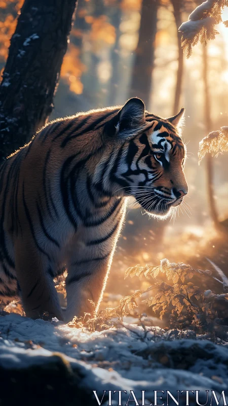 Tiger moves through snowy forest under warm sunrise light