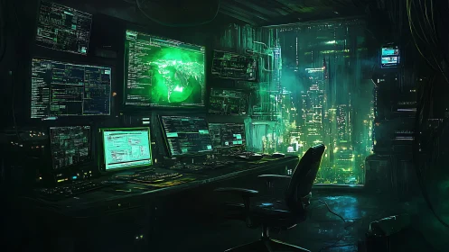 Dark cyber control room with city view at night.