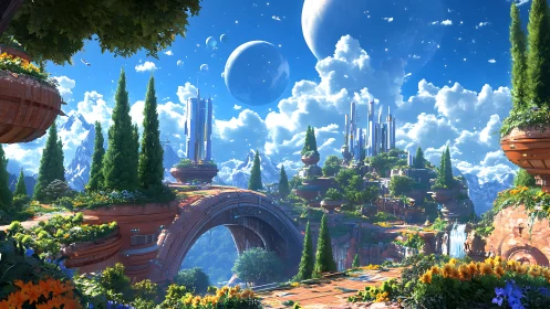 Futuristic terraced landscape with arches and distant planets.