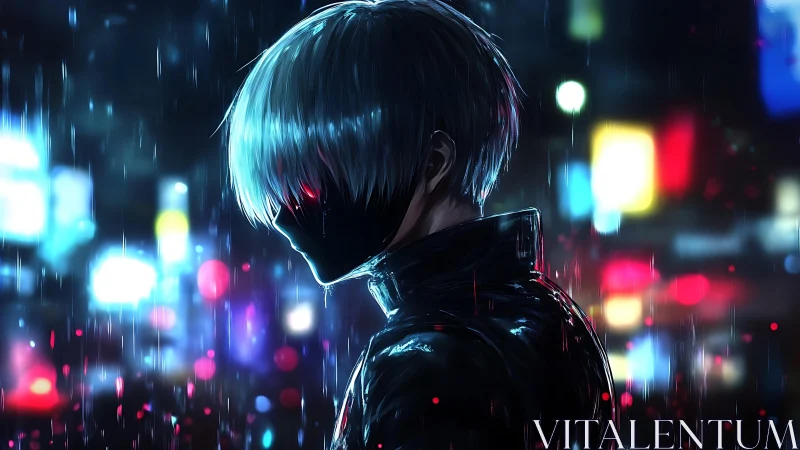 Masked silver‑haired figure in neon rain‑soaked cityscape.