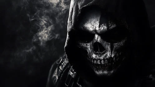 Smoke curls while the hooded skull grins through shadow