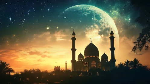 Moonlit mosque skyline glowing beneath starry evening sky.
