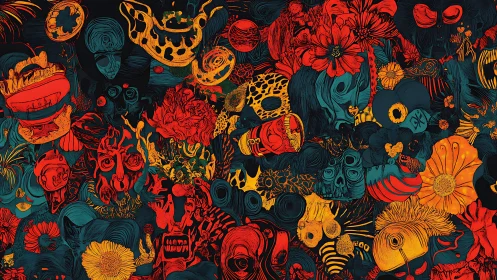 Dense floral and skull collage fills frame with red and teal