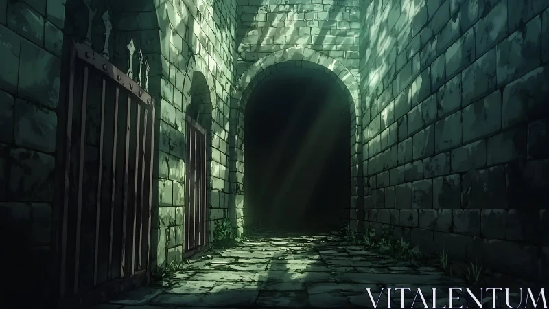 Subterranean stone corridor with volumetric light shafts.