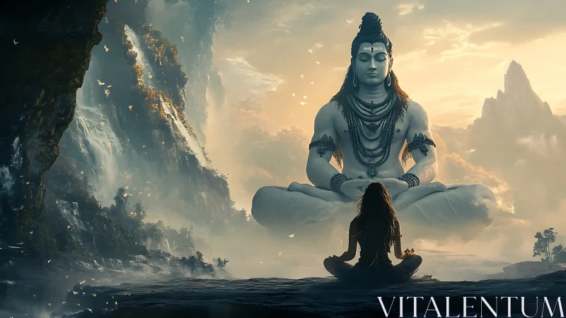 Meditating seeker beholds colossal serene deity in misty valley.