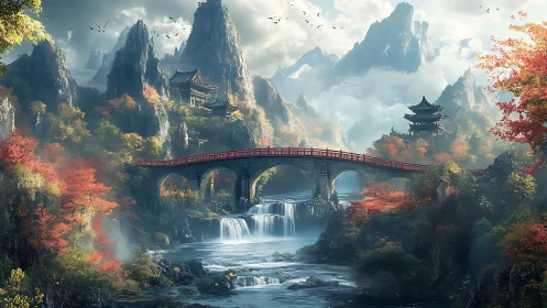 Crimson bridge crossing misty falls in mythic autumn valley.
