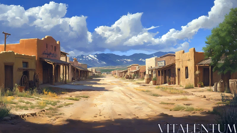 Desert frontier town street with adobe buildings and clouds.