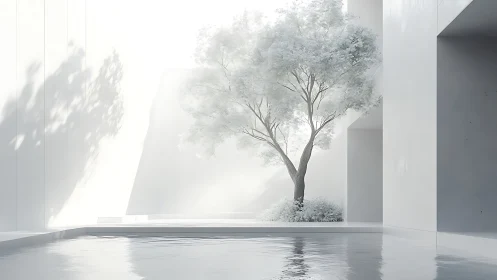 Minimalist White Architecture with Solitary Tree and Reflection.