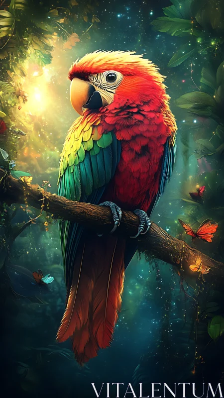 Vibrant macaw rests in a glowing, enchanted jungle realm