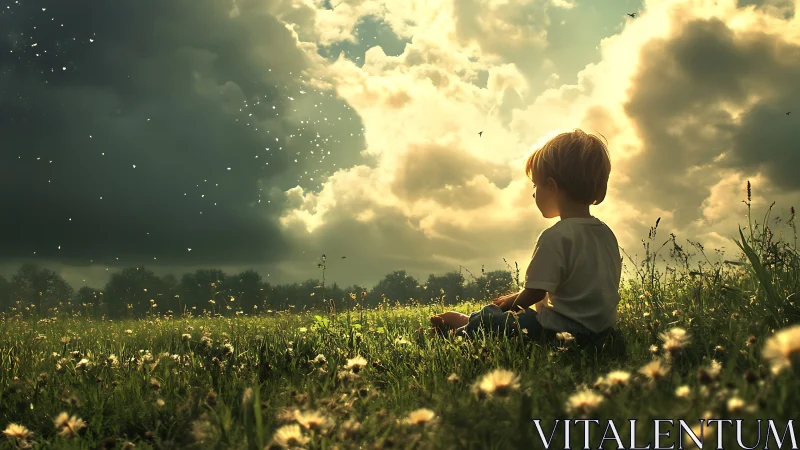 Child seated in meadow under dense clouds and sunlight.