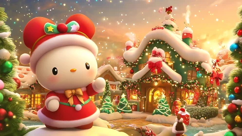 Kawaii holiday mascot in luminous 3D snowy village scene.