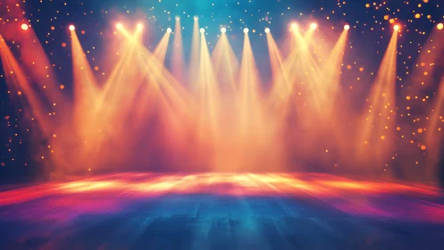 Spotlight-splashed stage glowing in warm cosmic haze.