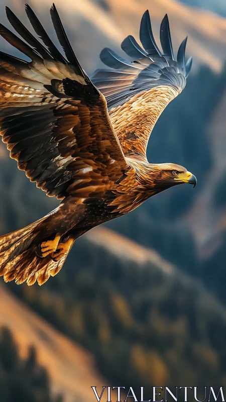 Golden eagle in sharp alpine glide over sunlit valley.