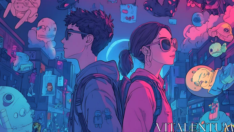 Two backpacked youths walk through neon dream cityscape