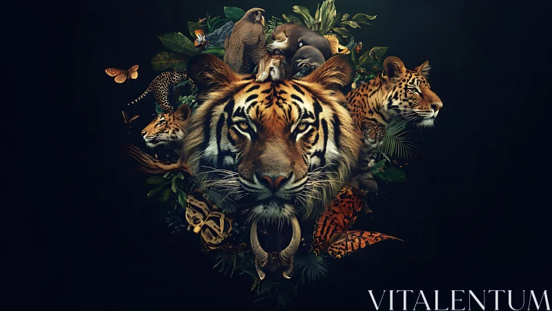 Jungle crown of tigers and hidden wildlife blooming from shadow.